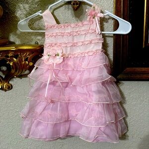 Baby Girl Pink Formal Dress Ruffle Button Back Tie Bow Flower Details Size 24 M